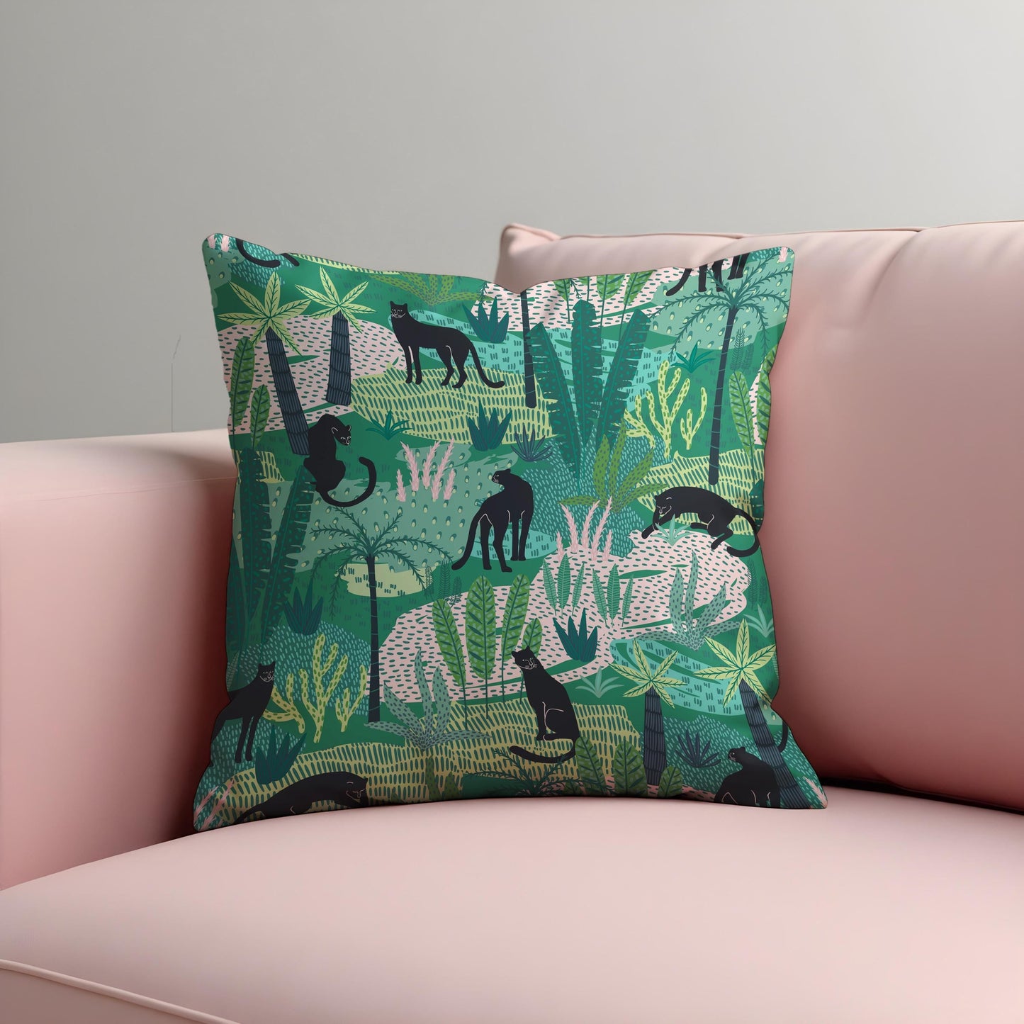 Jungle Panther Cushion Cover, Green Tropical Safari Pillow Cover
