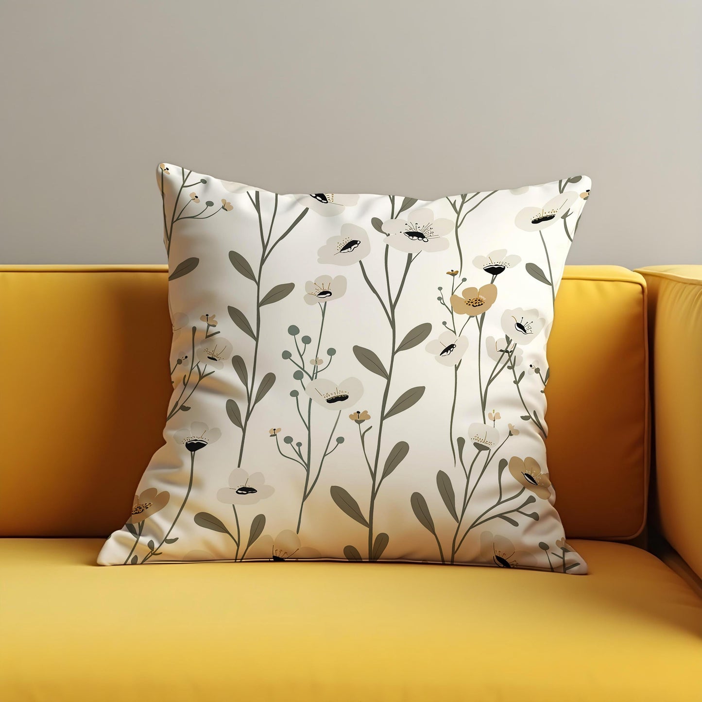 Minimalist Floral Cushion Cover, White & Beige Wildflower Pillow Case