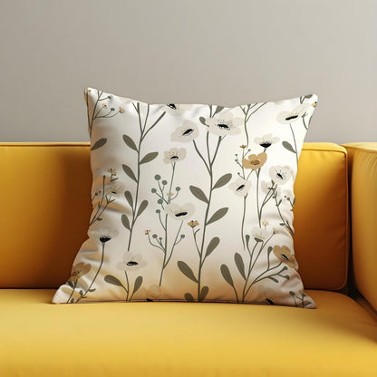 Minimalist Floral Cushion Cover, White & Beige Wildflower Pillow Case