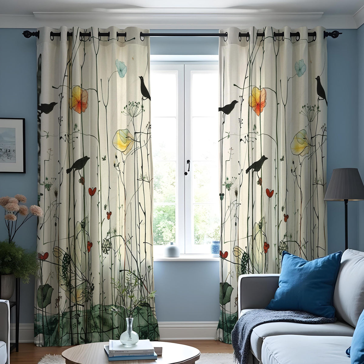 Bird and Flower Curtains, Botanical Art Print Window Drapes
