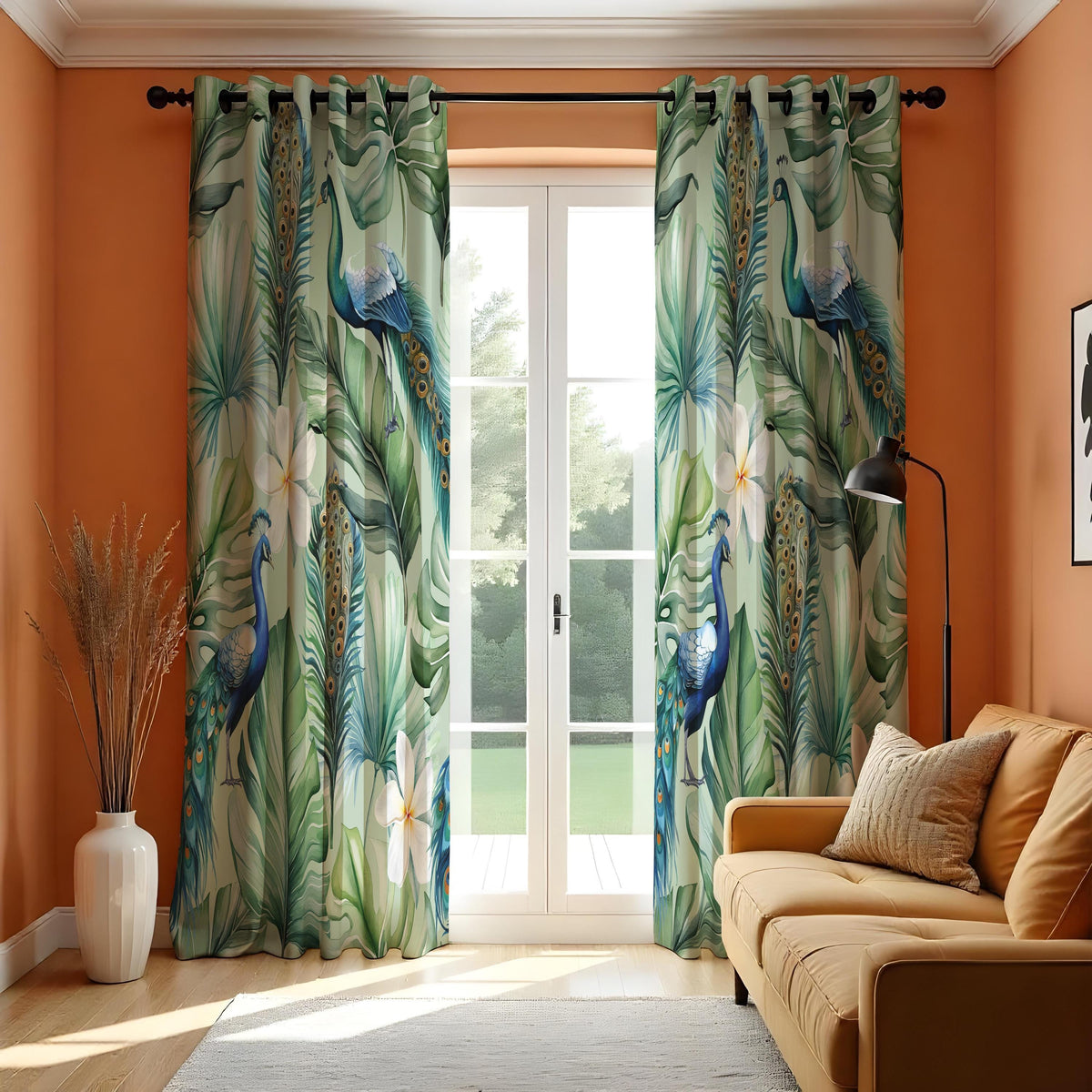 Tropical Peacock Curtains, Blue Bird & Jungle Leaf Drapes