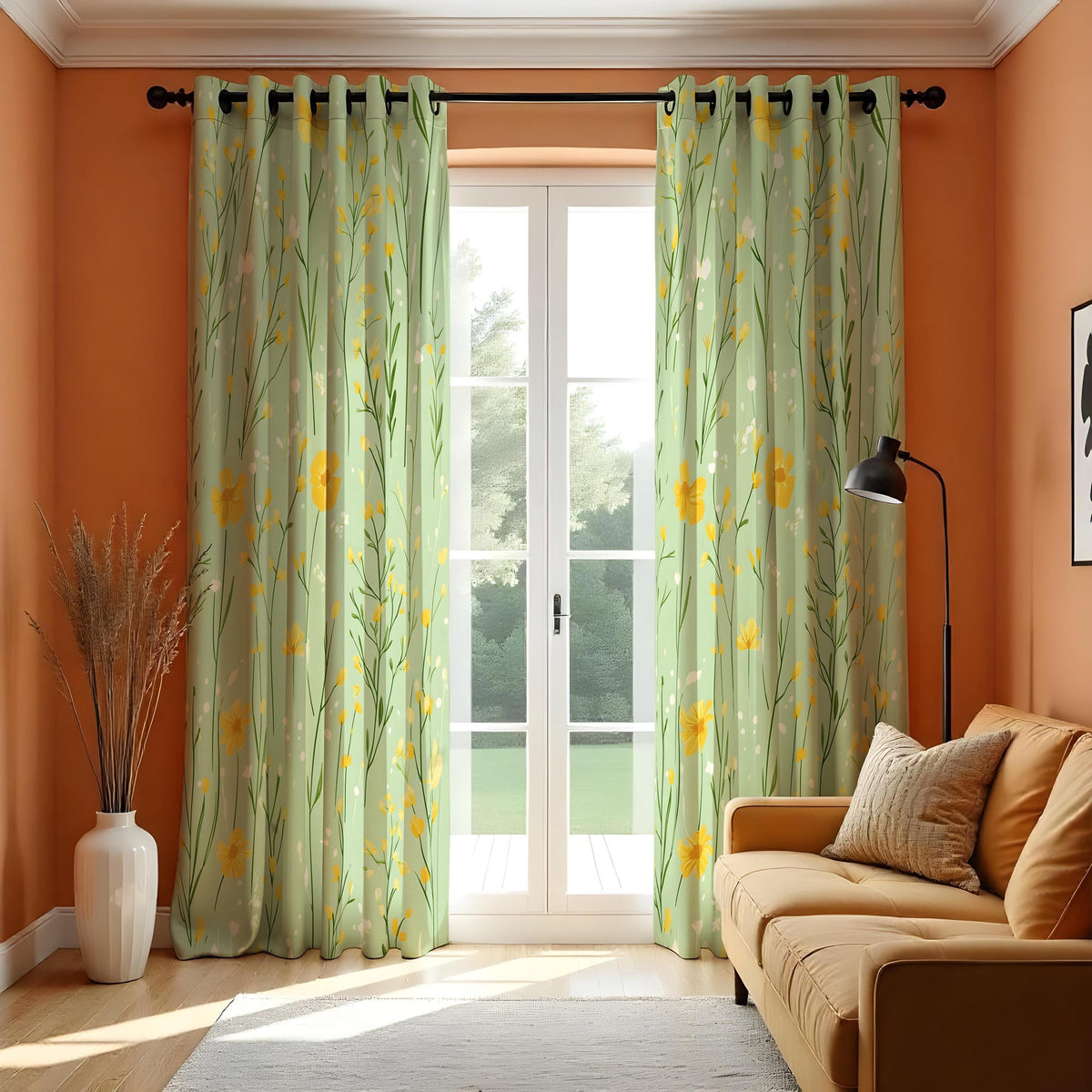 Light Green Meadow Curtains, Yellow Wildflower Drapes