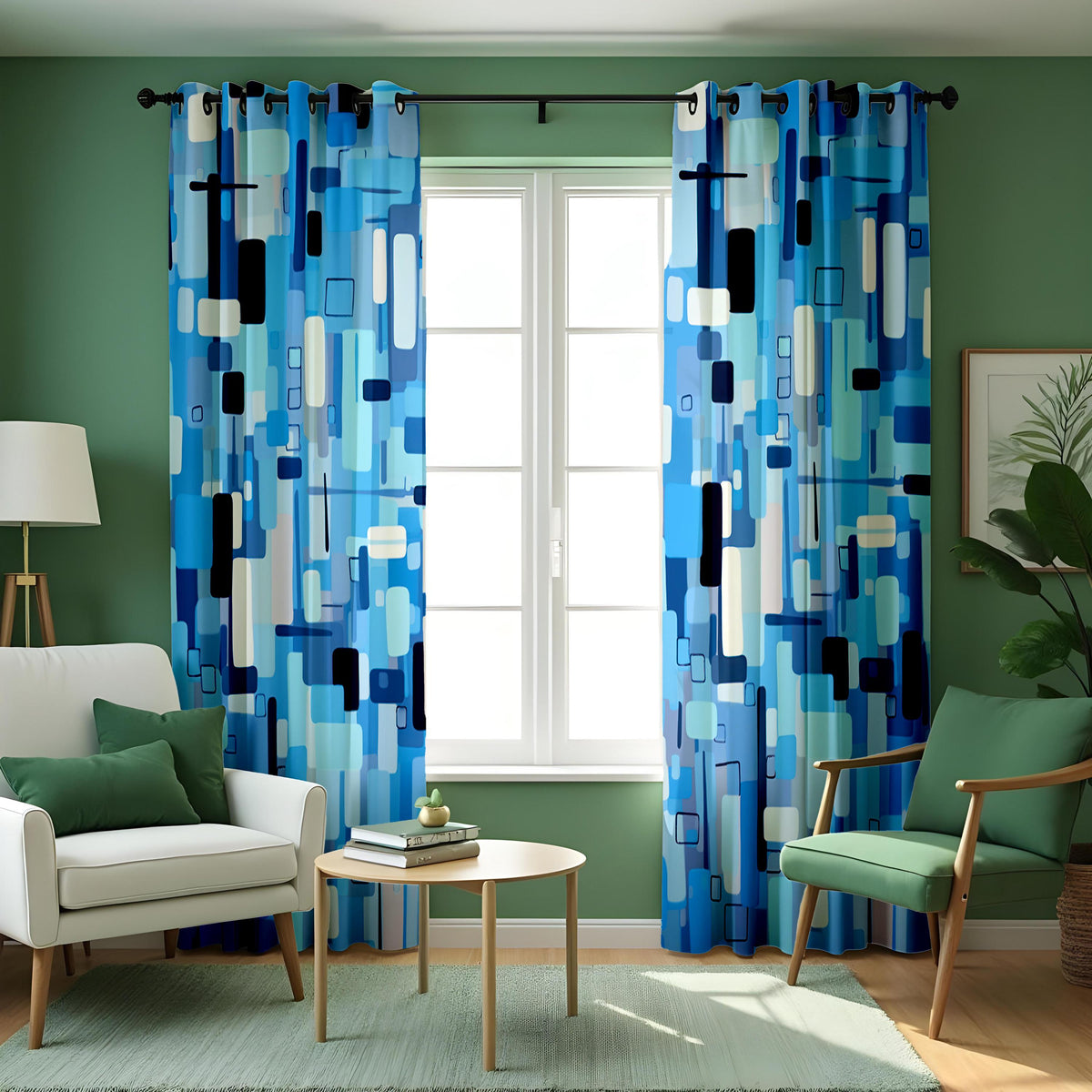 Blue Abstract Geometric Curtains, Mid Century Modern Drapes