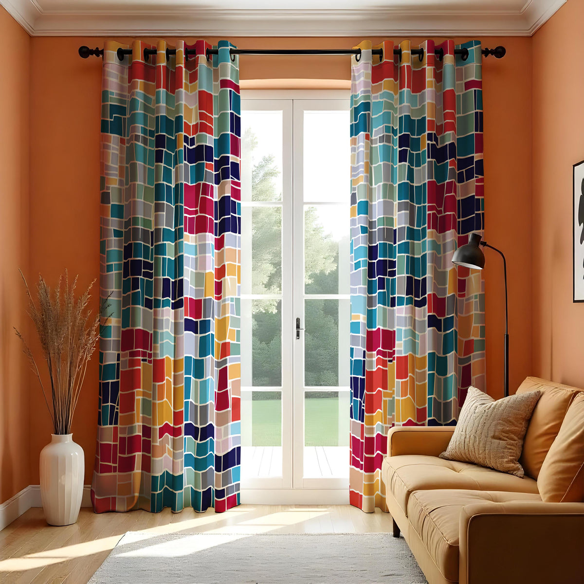 Colorful Grid Curtains, Art Deco Geometric Window Drapes