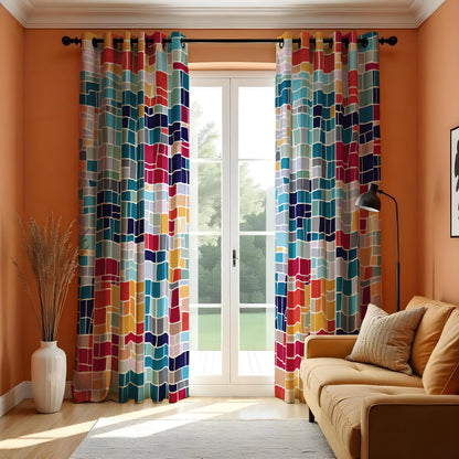 Colorful Grid Curtains, Art Deco Geometric Window Drapes