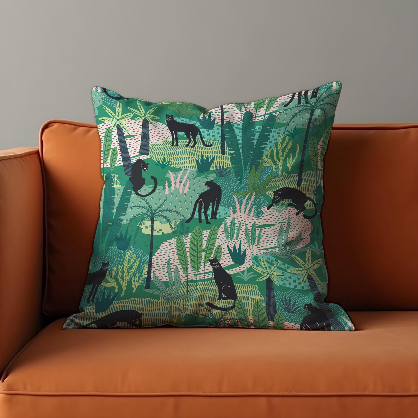 Jungle Panther Cushion Cover, Green Tropical Safari Pillow Cover