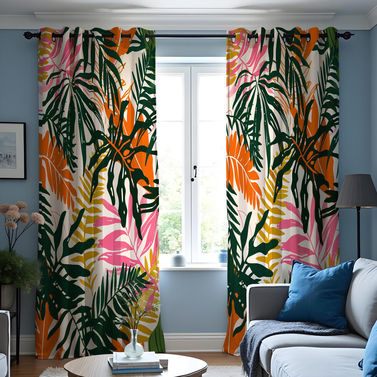 Green Tropical Leaf Curtains, Orange & Pink Botanical Drapes