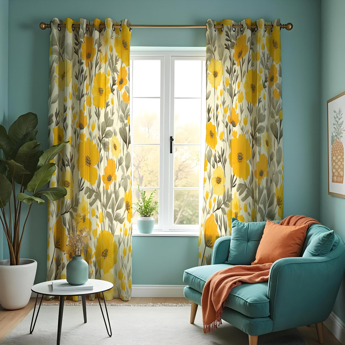 Mustard & Olive Floral Curtains, Bold Botanical Drapes