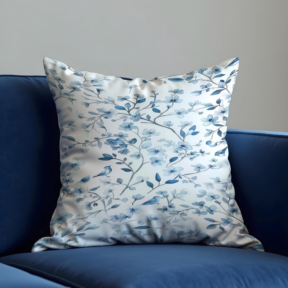 Blue Bird Floral Cushion Cover, Botanical Pillow Case