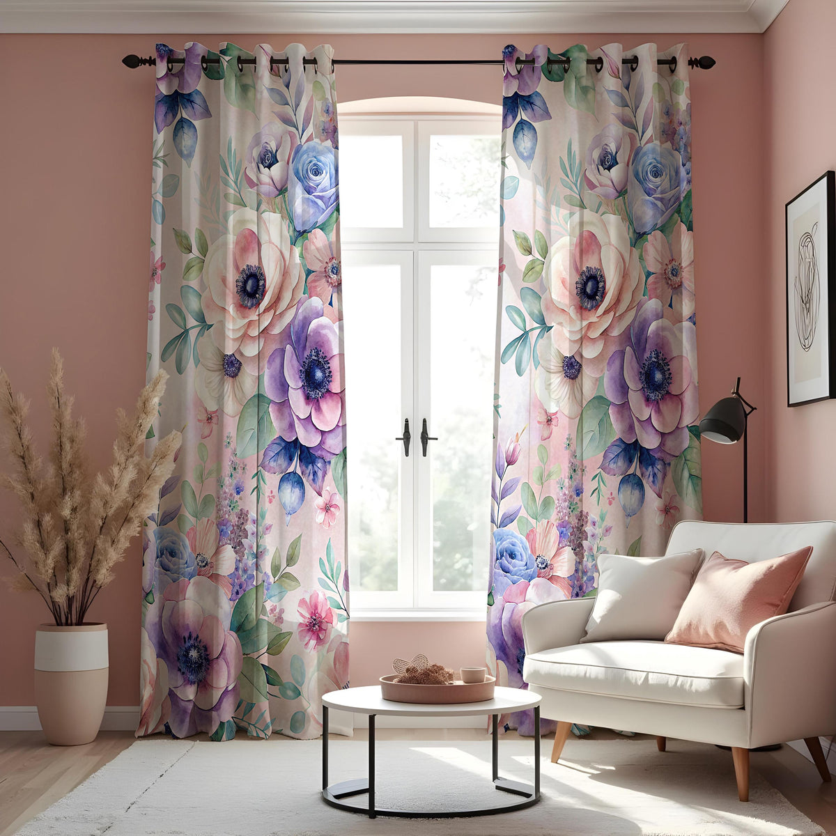 Purple & Blue Peony Curtains, Watercolor Floral Drapes