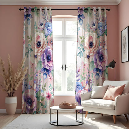 Purple & Blue Peony Curtains, Watercolor Floral Drapes