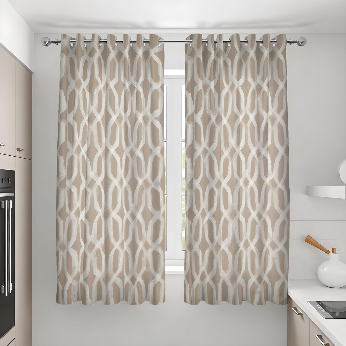 Beige Brushstroke Curtains, Neutral Geometric Drapes
