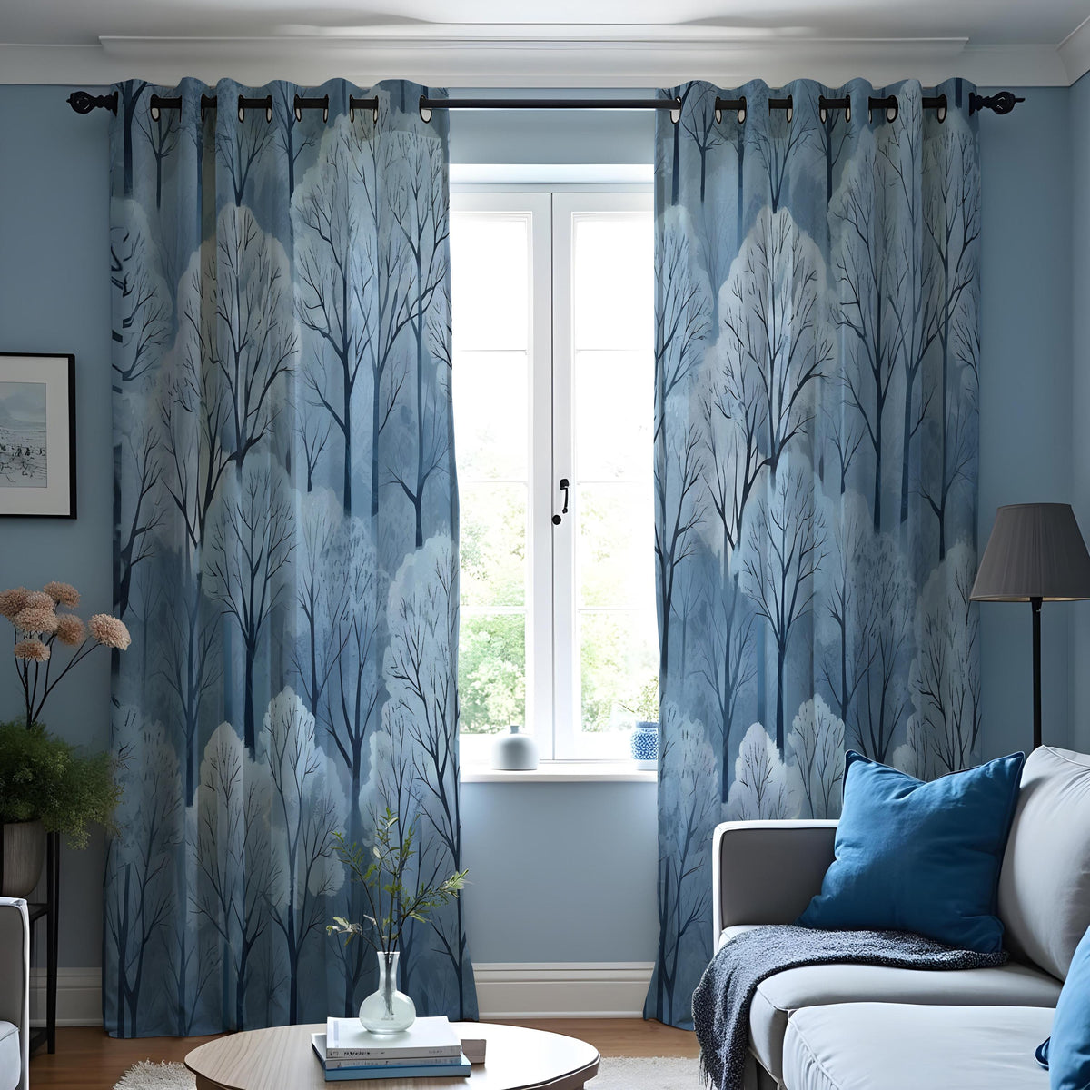 Blue Snowy Forest Curtains, Winter Woodland Tree Drapes