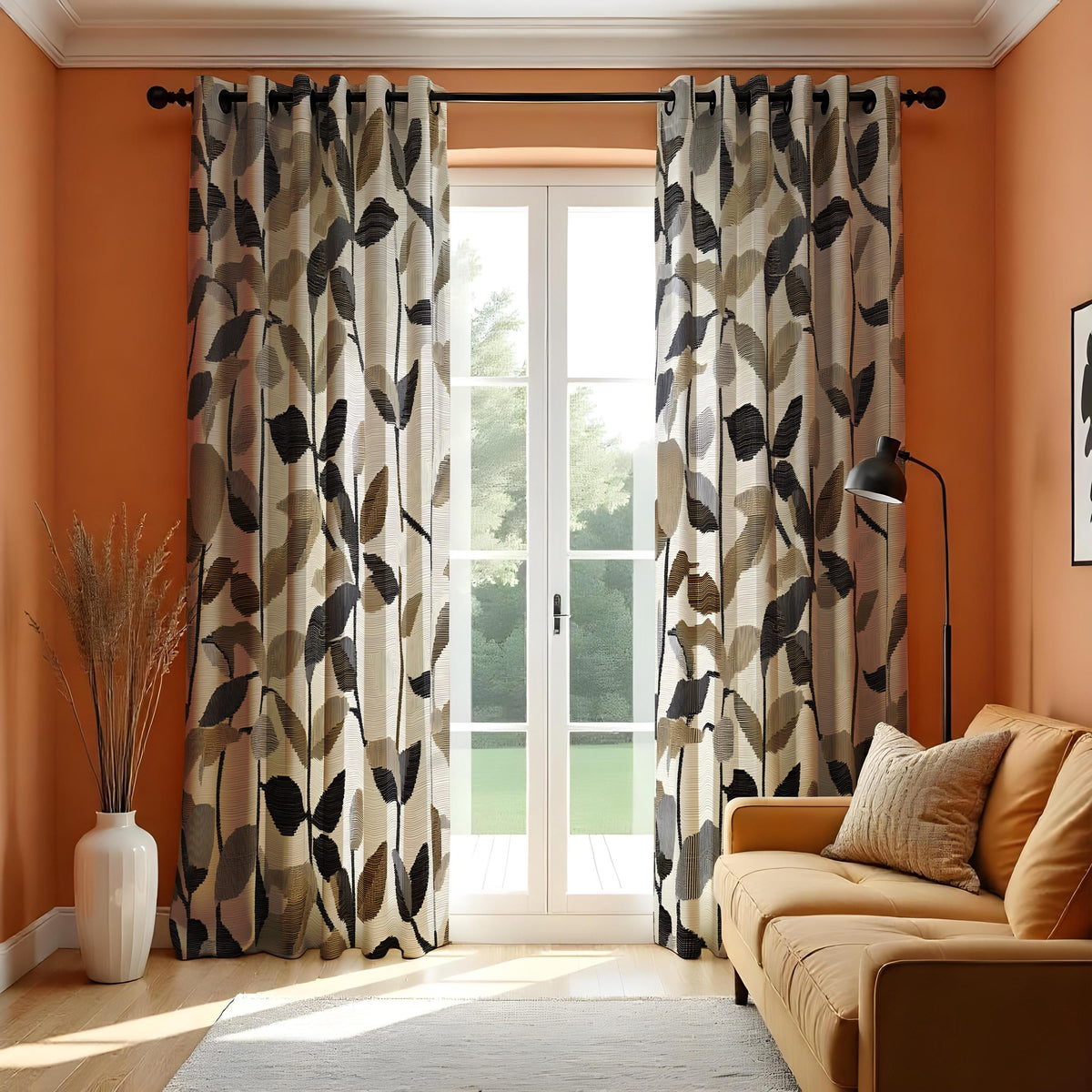 Beige & Black Leaf Print Curtains, Neutral Botanical Drapes