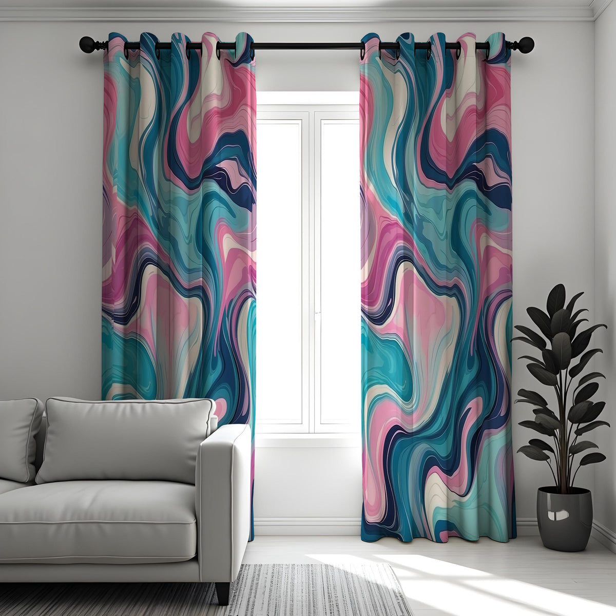 Pink Blue Fluid Marble Curtains, Colorful Abstract Drapes