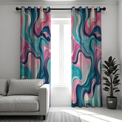 Pink Blue Fluid Marble Curtains, Colorful Abstract Drapes