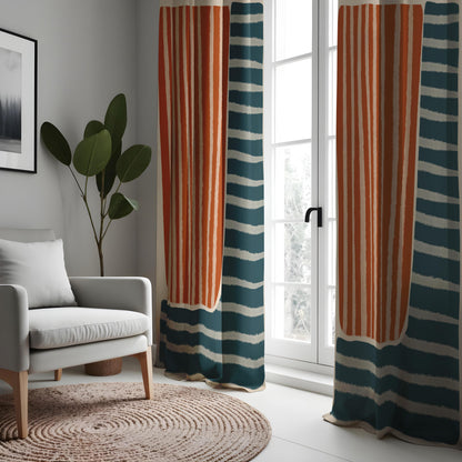 Rust Orange & Teal Stripe Curtains, Modern Boho Drapes