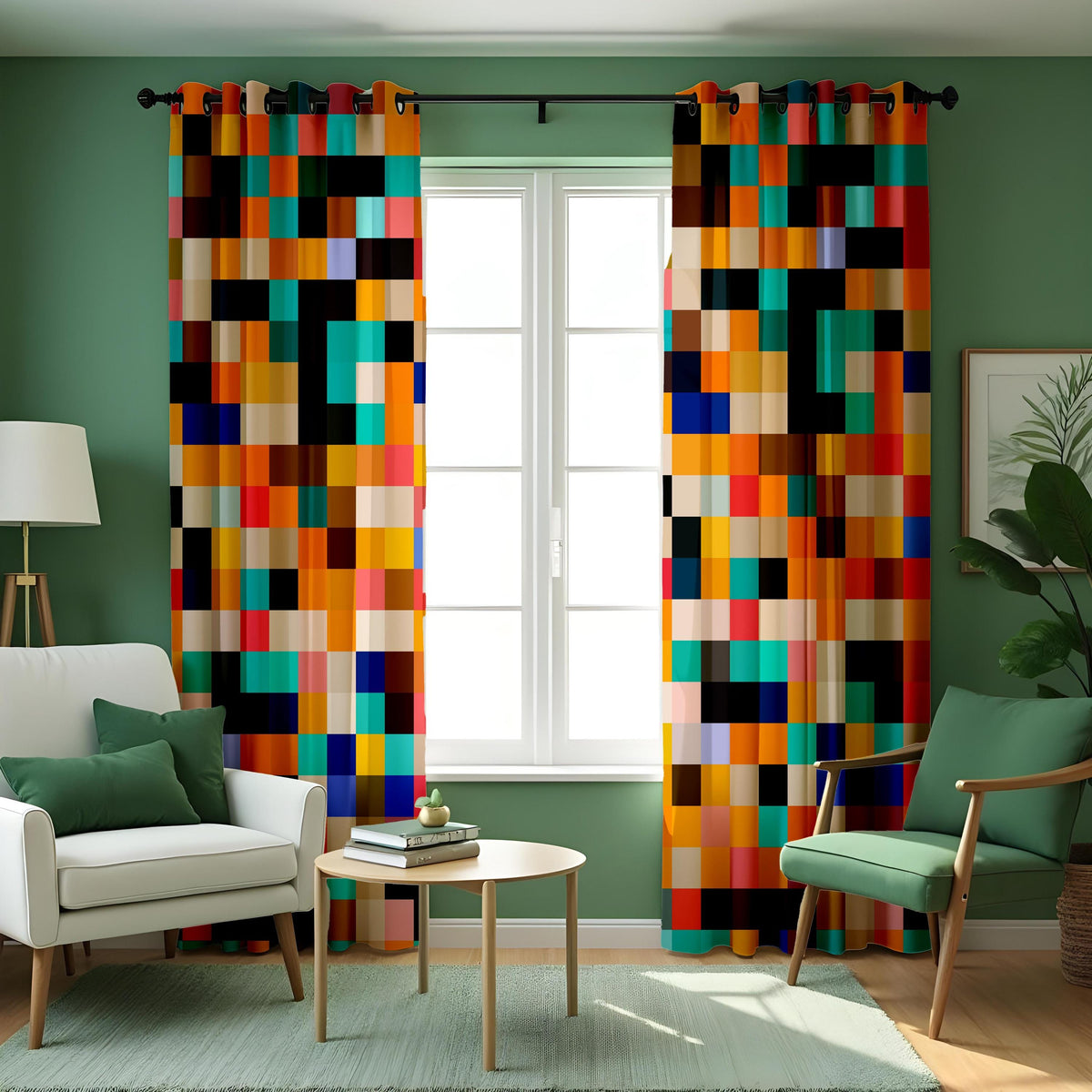 Color Block Wavy Curtains, Multicolor Geometric Drapes