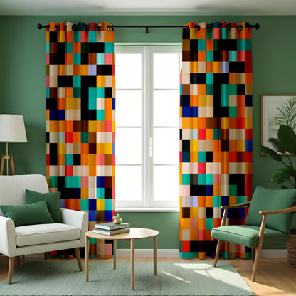 Color Block Wavy Curtains, Multicolor Geometric Drapes