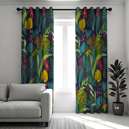 Teal Tropical Botanical Curtains, Jungle Leaf Floral Drapes