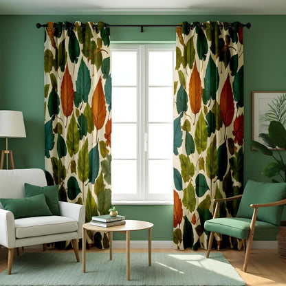Green & Orange Autumn Leaf Curtains, Botanical Drapes