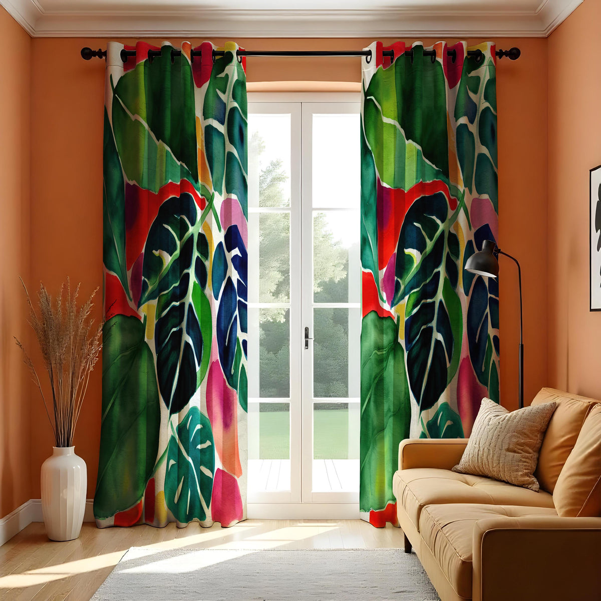 Red & Green Jungle Leaf Curtains, Tropical Botanical Drapes