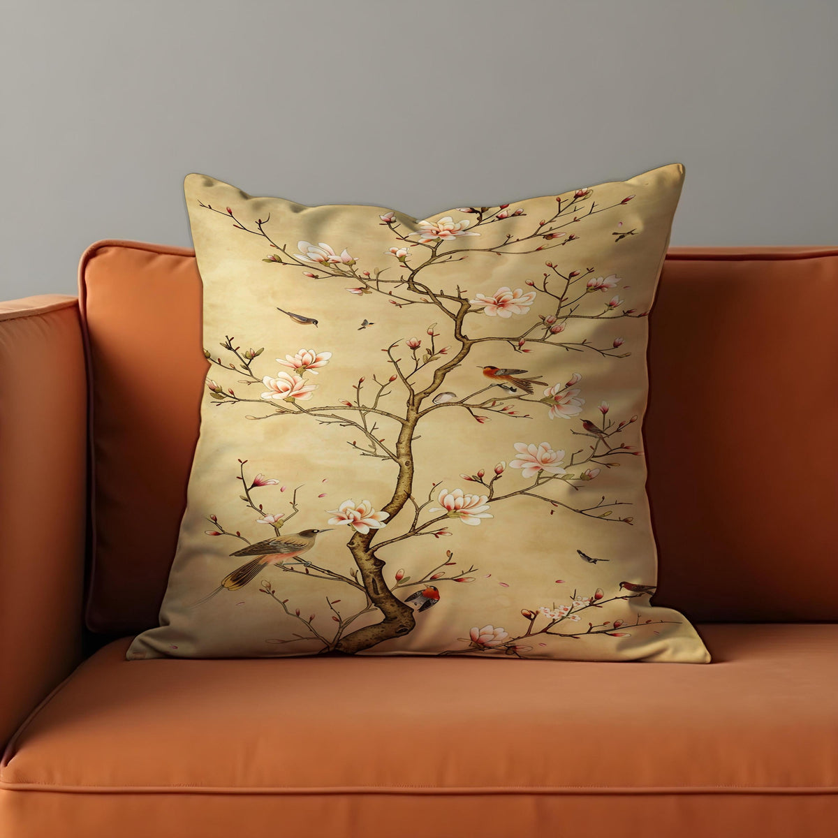 Blossom Bird Cushion Cover, Oriental Floral Pillow Case