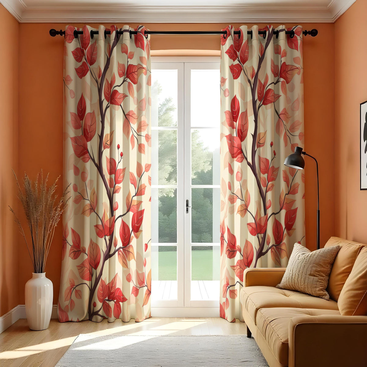 Red Autumn Leaf Curtains, Warm Fall Botanical Drapes