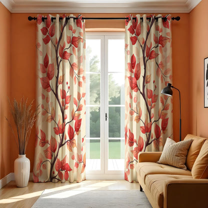 Red Autumn Leaf Curtains, Warm Fall Botanical Drapes