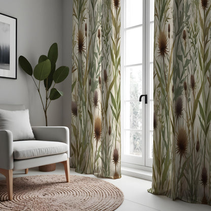 Earthy Thistle Curtains, Neutral Leaf Pattern Drapes