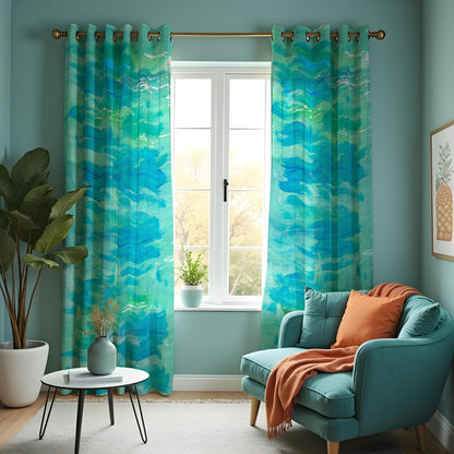 Aqua Blue Ocean Wave Curtains, Watercolor Coastal Drapes
