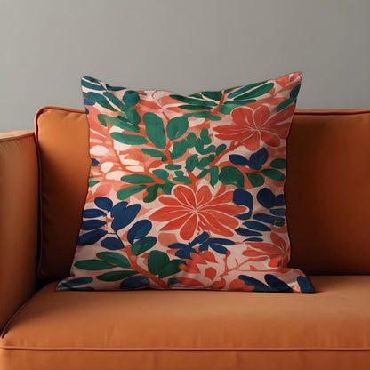 Tropical Floral Cushion Cover, Coral and Green Botanical Pillowcase