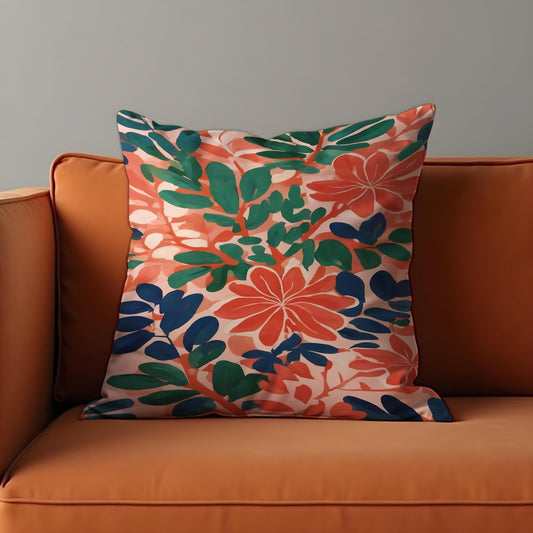 Tropical Floral Cushion Cover, Coral and Green Botanical Pillowcase