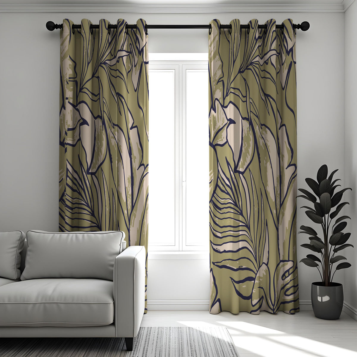 Large Leaf Line Art Curtains, Minimalist Botanical Drapes