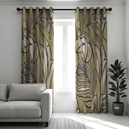 Large Leaf Line Art Curtains, Minimalist Botanical Drapes