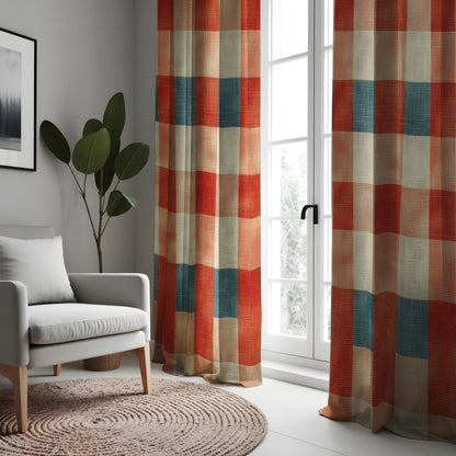 Rustic Earth Tone Striped Curtains, Checkered Boho Drapes