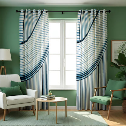 Navy & White Wave Stripe Curtains, Modern Minimalist Drapes