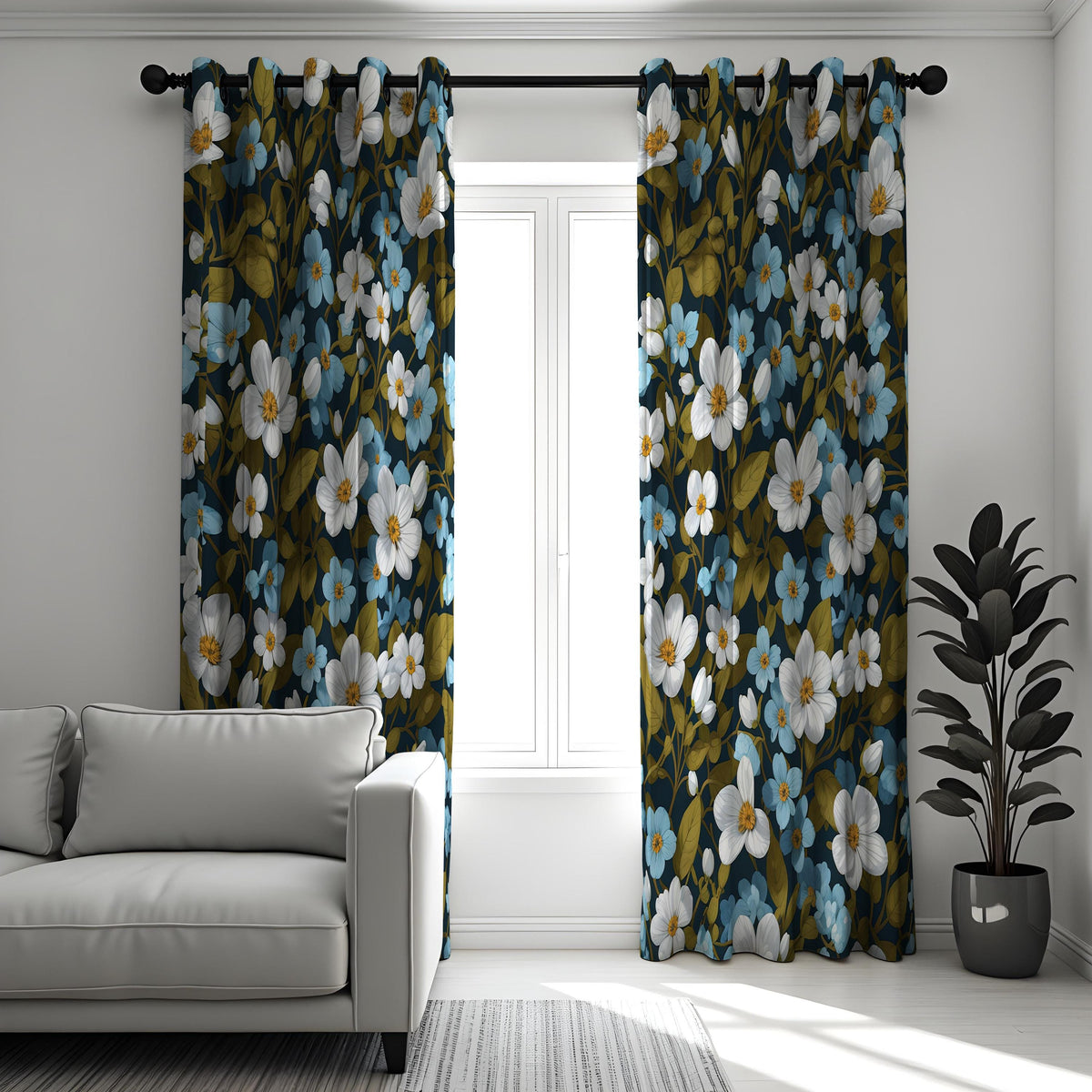 Dark Floral Curtains, White & Blue Flower Farmhouse Drapes