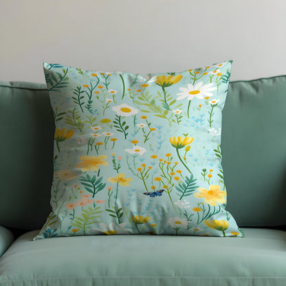 Floral Meadow Cushion Cover, Light Blue Throw Pillow Case