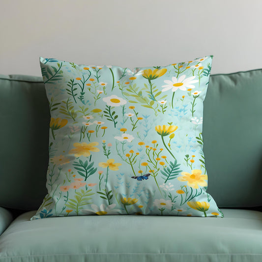 Floral Meadow Cushion Cover, Light Blue Throw Pillow Case