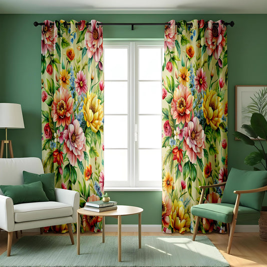 Yellow Pink Blossom Floral Curtains, Botanical Drapes