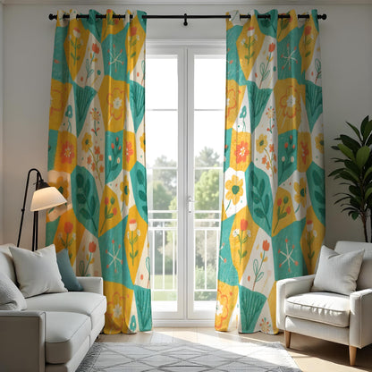 Yellow Teal Retro Floral Curtains, Geometric Flower Drapes