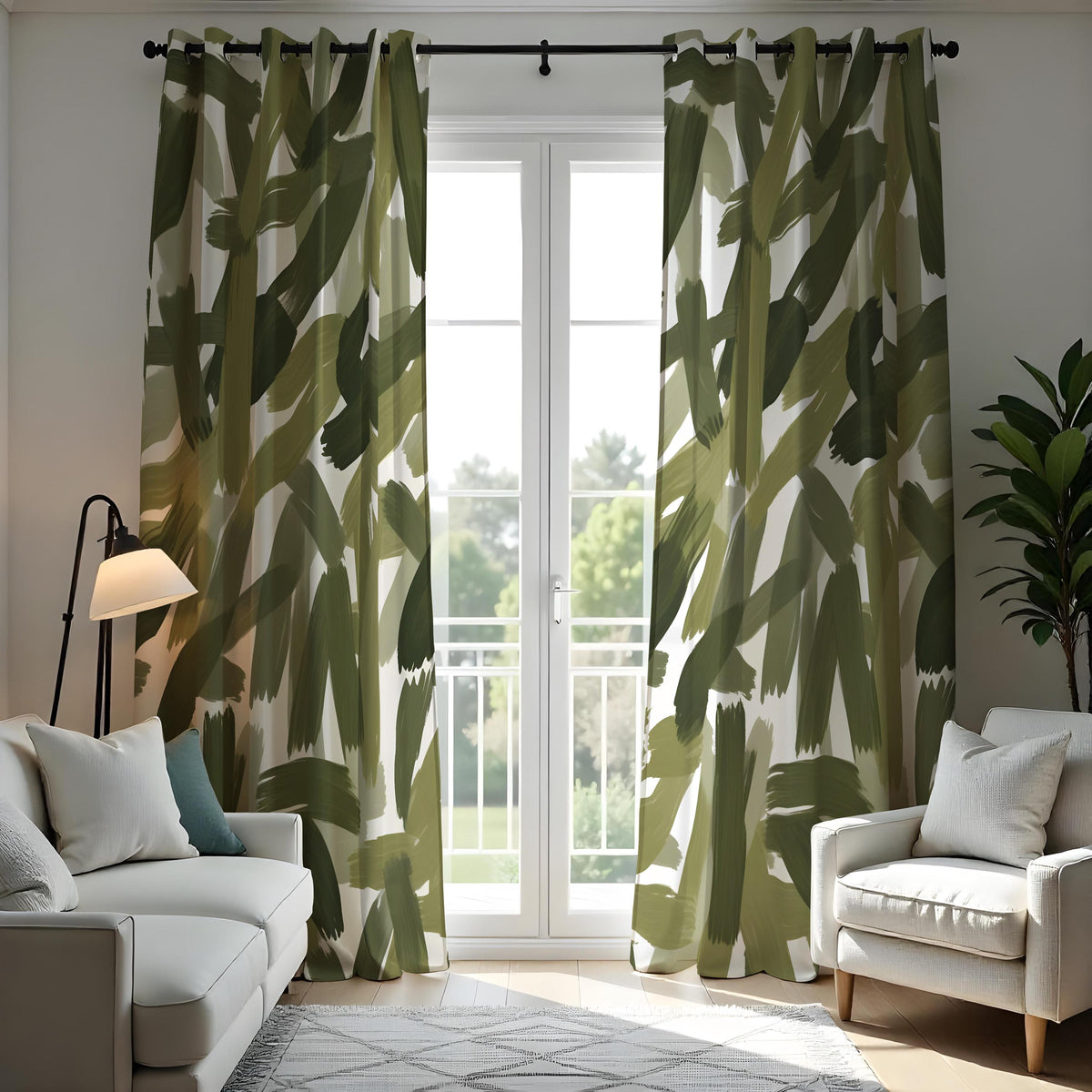 Green Abstract Brushstroke Curtains, Modern Artistic Drapes