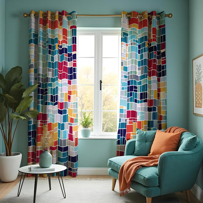 Colorful Grid Curtains, Art Deco Geometric Window Drapes