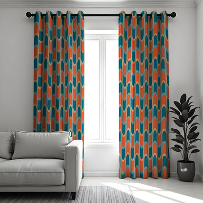 Orange and Teal Retro Wave Curtains, 70s Geometric Drapes