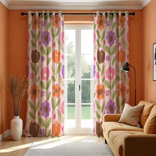 Pink Purple Orange Floral Curtains, Vibrant Custom Drapes