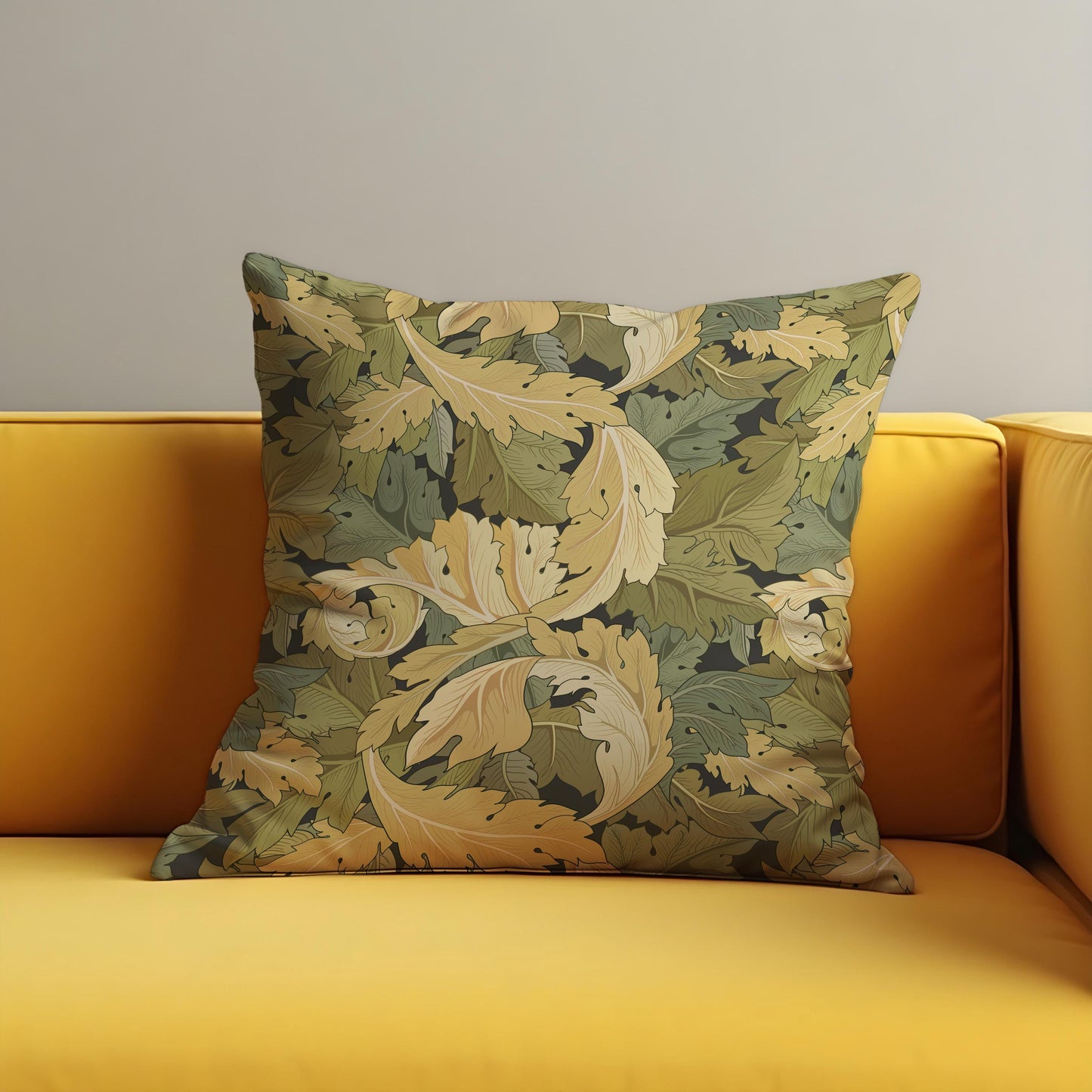 Mustard Leaf  Cushion Cover, Autumn Botanical Scroll Pillow Cover