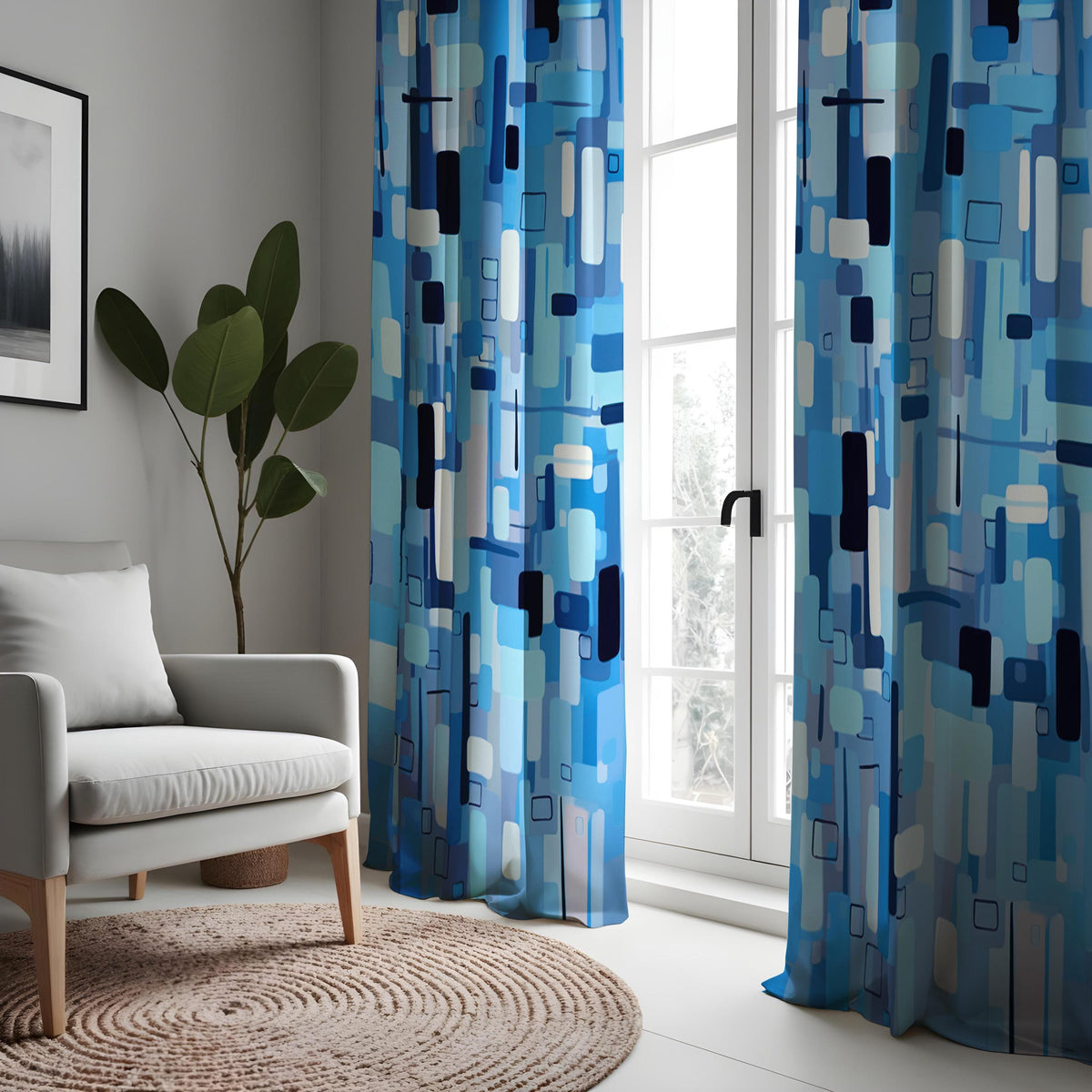 Blue Abstract Geometric Curtains, Mid Century Modern Drapes