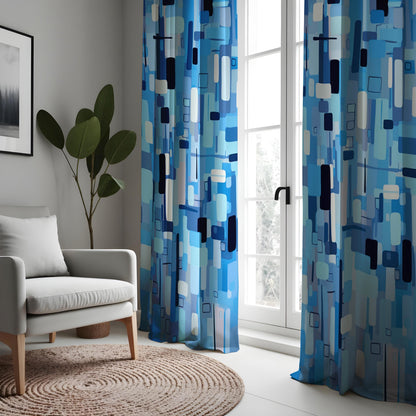Blue Abstract Geometric Curtains, Mid Century Modern Drapes