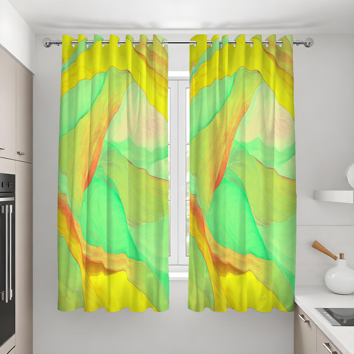 Green Yellow Fluid Wave Curtains, Abstract Window Drapes